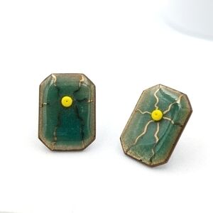 Hand crafted artisan earrings green and yellow enamel